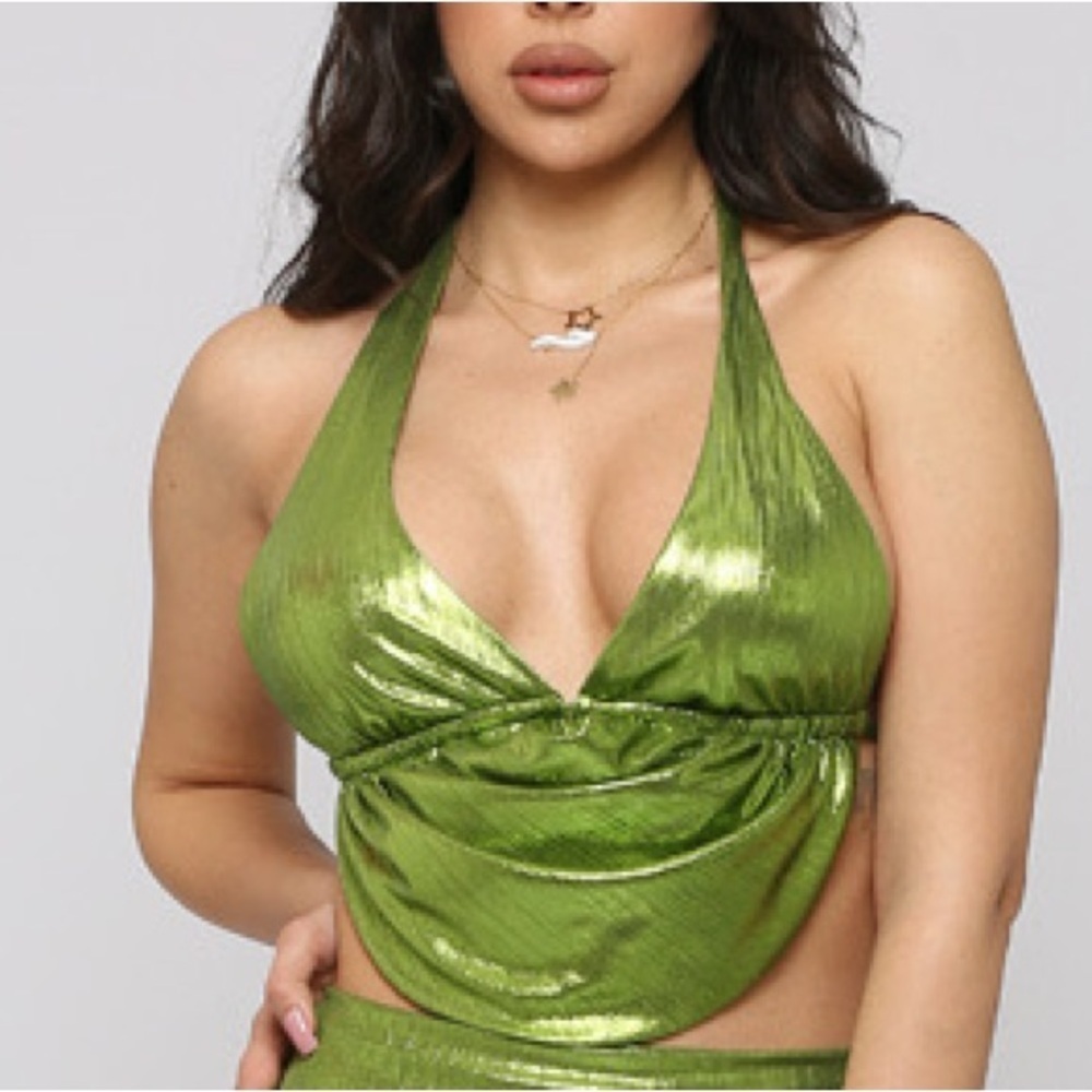 Metallic Shiny Apple Green Adjustable Backless Keyhole Draped Sexy Halter Top M